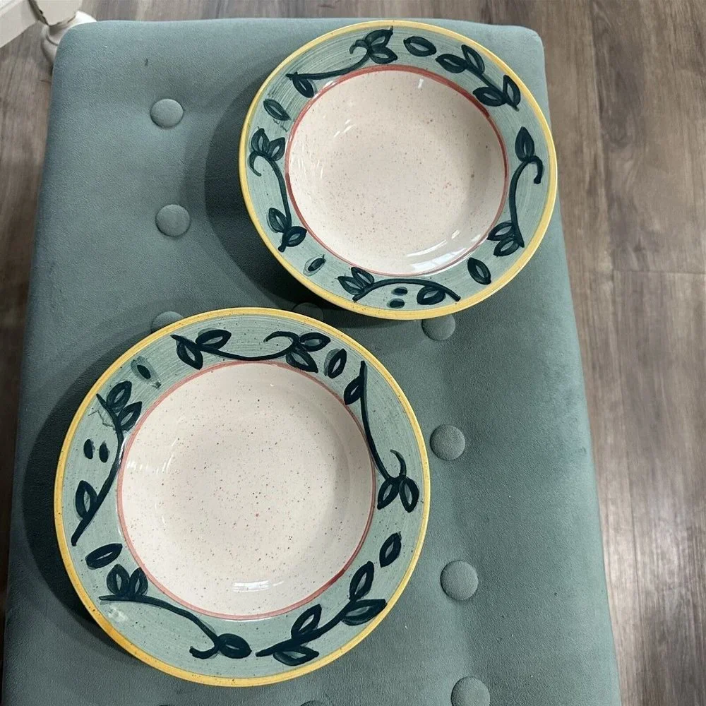 Potter And Smith Stoneware Rim Soup Cereal Bowls Green Speckled Rustic